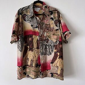 Vintage Hawaii Silkyway Men's Top Size M Safari Lion Zebra 100% Washable Silk